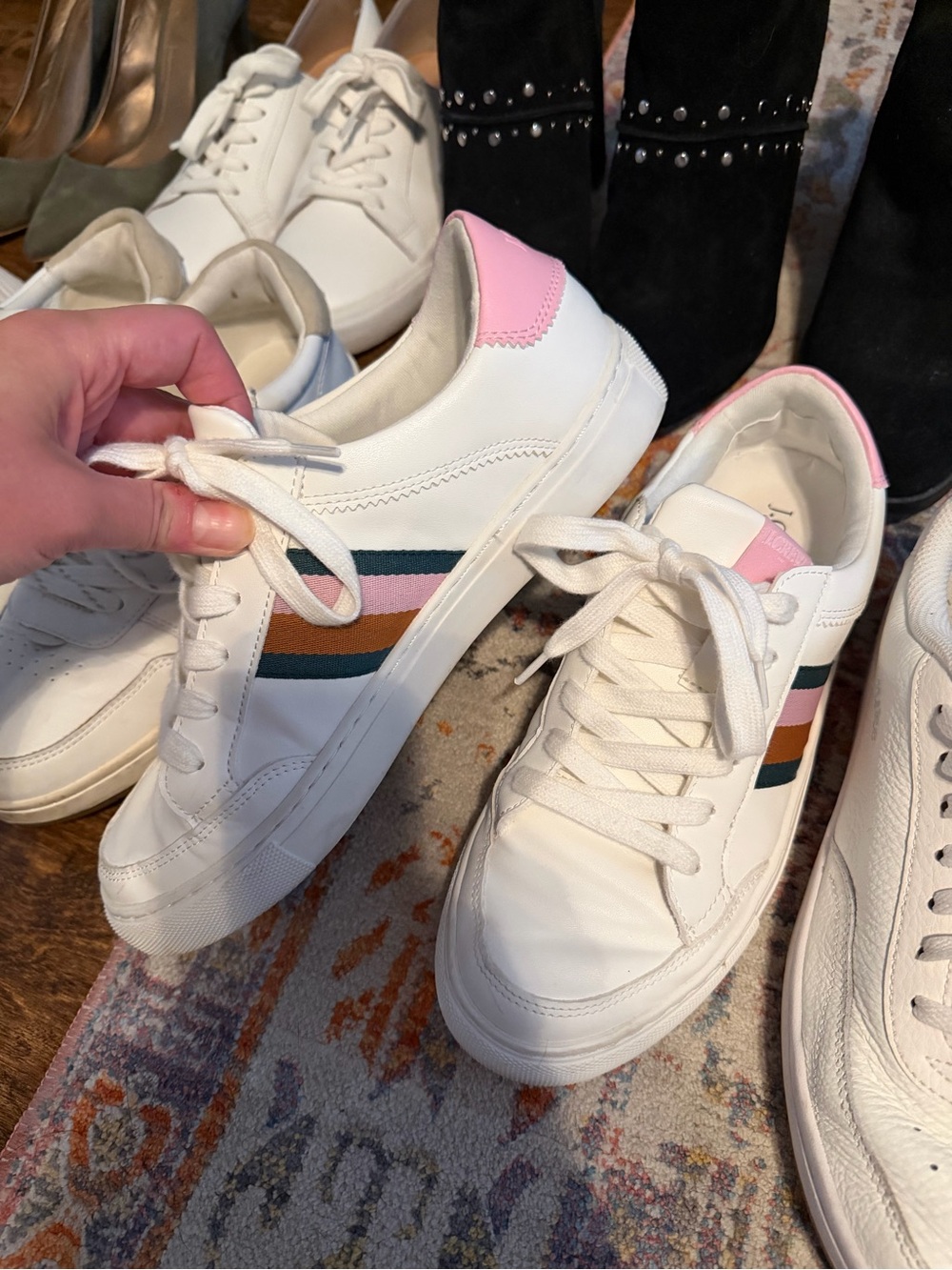 J. Crew Factory White Sneakers with Pink Heel and Multi-Stripe Detail